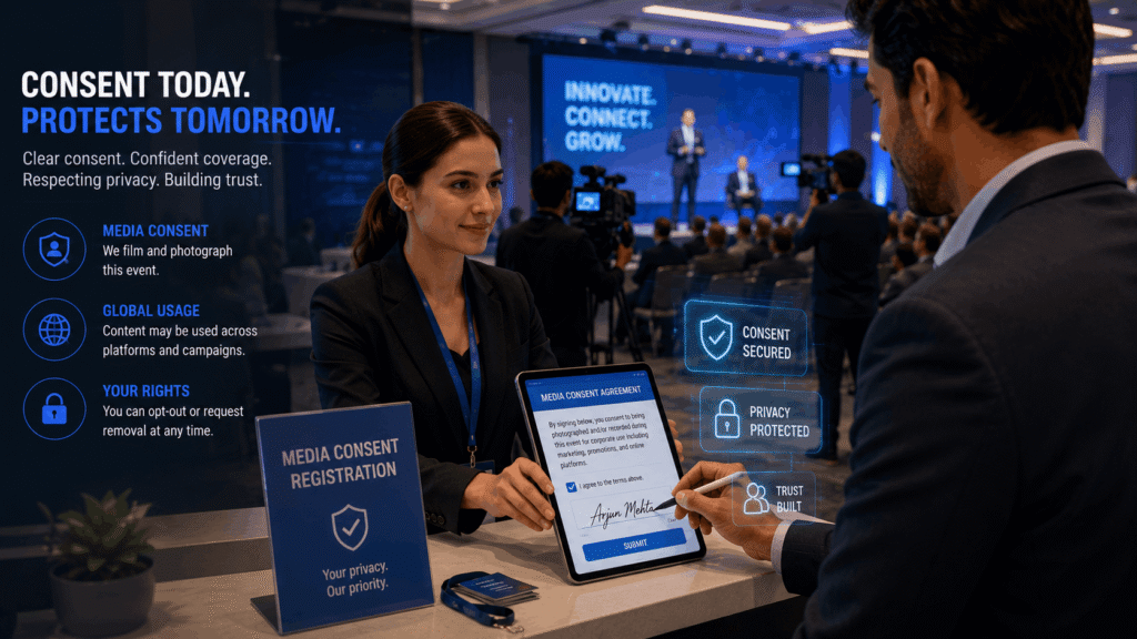 Futuristic AI-powered conference monitoring system tracking attendee consent and automatically blurring non-consenting individuals.