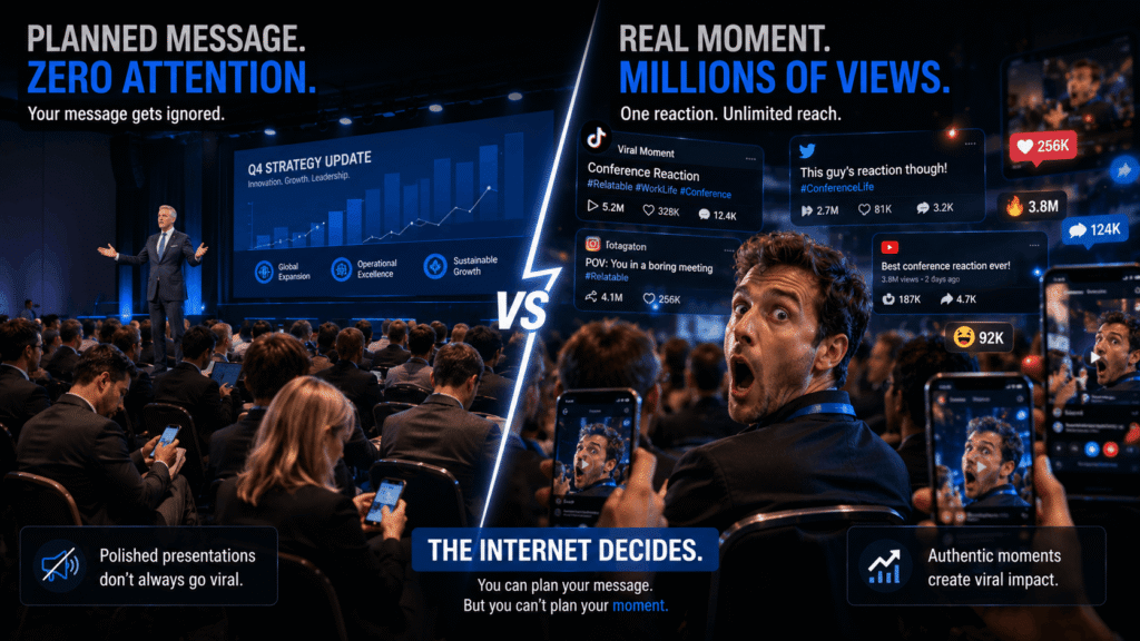Split-screen corporate event showing ignored CEO presentation beside attendee reaction becoming viral across smartphones and social media.
