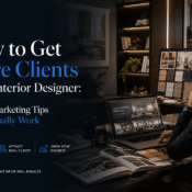 nterior designer reviewing a high-quality design portfolio on laptop