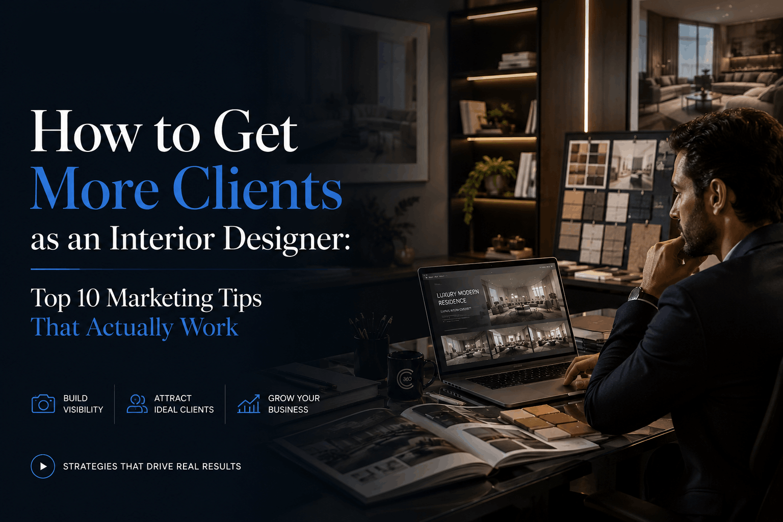 nterior designer reviewing a high-quality design portfolio on laptop