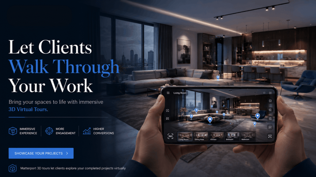 Person viewing a Matterport 3D virtual tour of an interior design project"