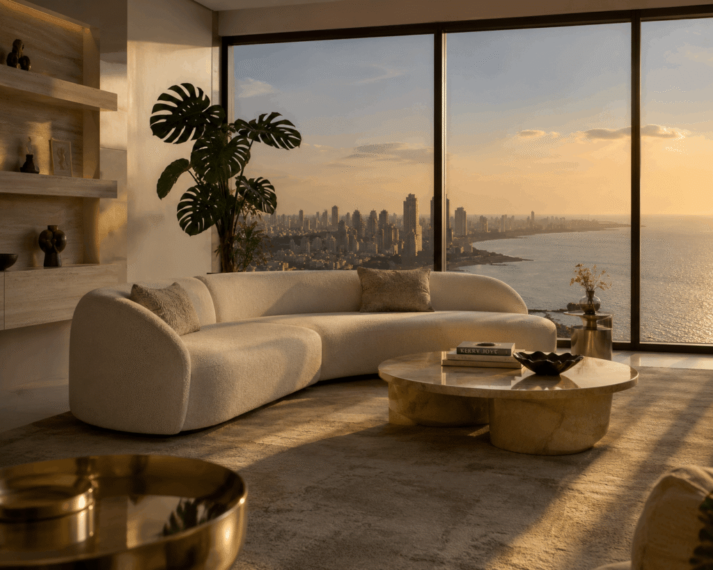 Luxury apartment living room featuring a curved cream sofa, floor-to-ceiling windows, marble finishes, and panoramic sea and city skyline views at golden hour.