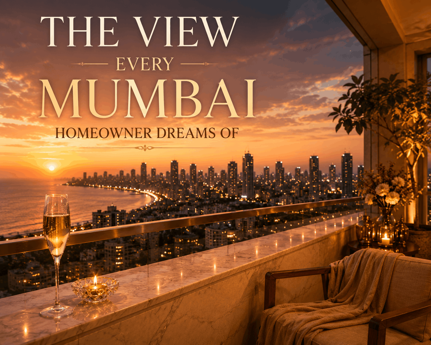 An ultra-luxury Mumbai penthouse showcasing floor-to-ceiling windows, Italian marble flooring, and breathtaking sea views during golden hour.