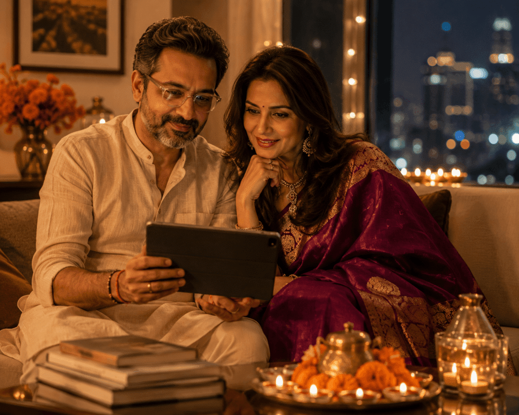 Film crew shooting luxury real estate video content on a decorated Mumbai terrace with cinematic lighting and Diwali decor.