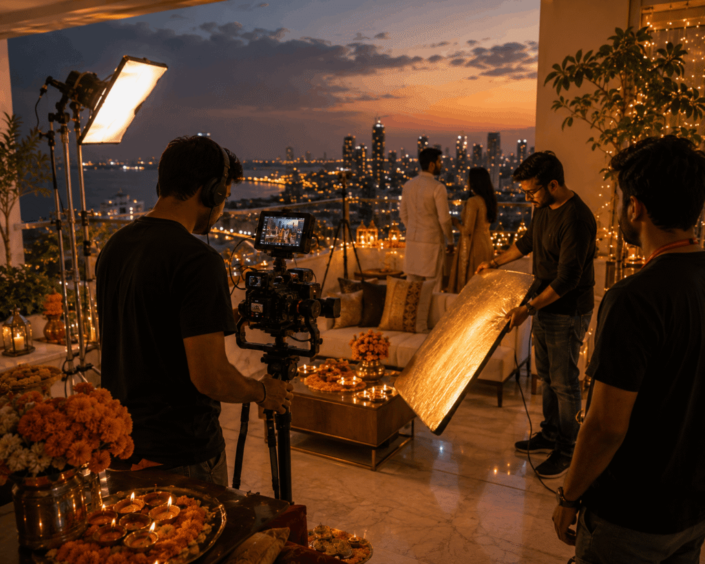 An affluent Indian couple reviewing luxury property content together during a warm Diwali evening at home.