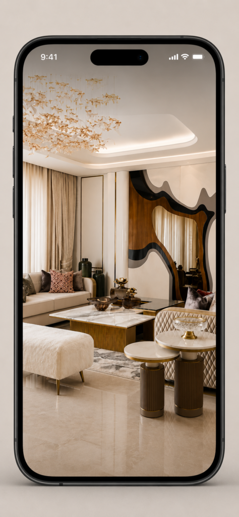 A high-end luxury living room interior photography showcase displayed inside a modern smartphone mobile mockup, highlighting Cinematic 360’s mobile-responsive virtual tour services.