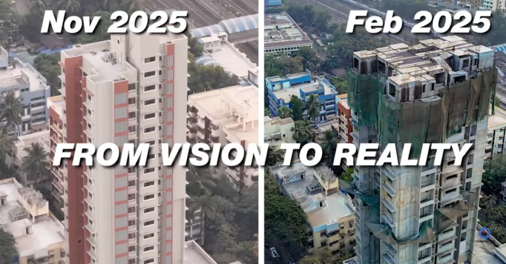 A split-screen drone image comparison tracking a residential high-rise building project in Jay Prakash Nagar, Goregaon East, Mumbai next to a railway line, showing structural progress from active construction with scaffolding in February 2025 to architectural facade completion in November 2025, with a bold graphic text overlay reading From Vision to Reality by Cinematic360