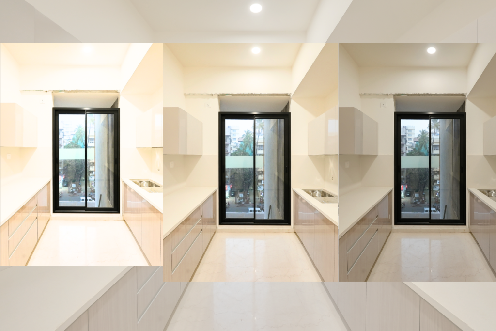 Three lighting variations of a modern modular kitchen interior with white cabinets and large window