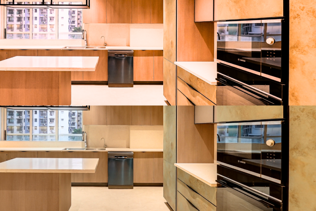 Comparison of professional interior kitchen photography showing a modern modular kitchen from multiple angles