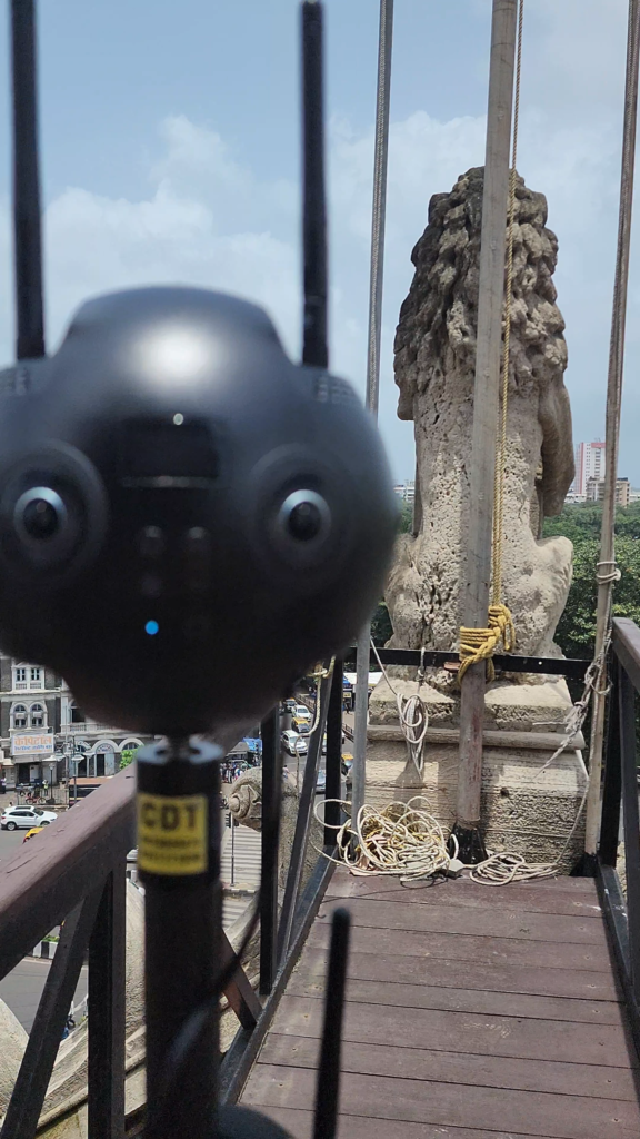 Insta360 Pro 2 camera capturing 360° footage from a historic building rooftop in Mumbai