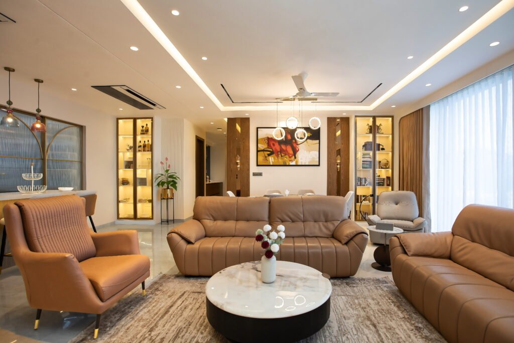 Cinematic living room interior photography showcasing luxury furniture, layered lighting and modern interior design