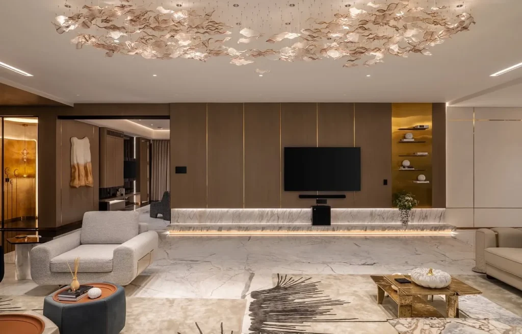 Luxury hall interior photography with cinematic lighting, marble flooring, TV wall and modern architectural design
